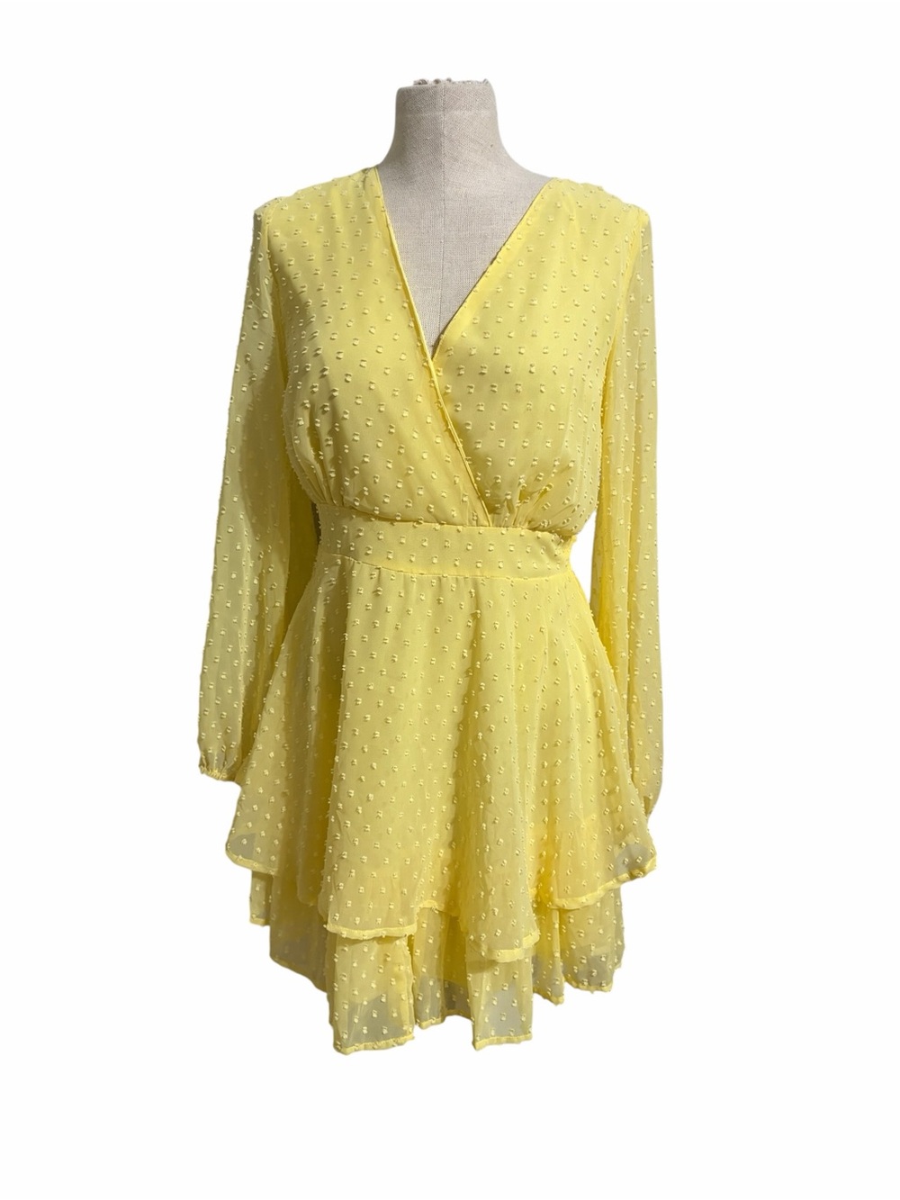 Japna Yellow Swiss Dot Faux Wrap-Style Mini Dress Ruffle Size Large Feminine